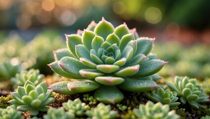 Close-up of sedum plants on a green roof in a summer park