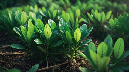 Javanese ginseng features small, elongated leaves with central veins, soft stems, and vibrant green foliage