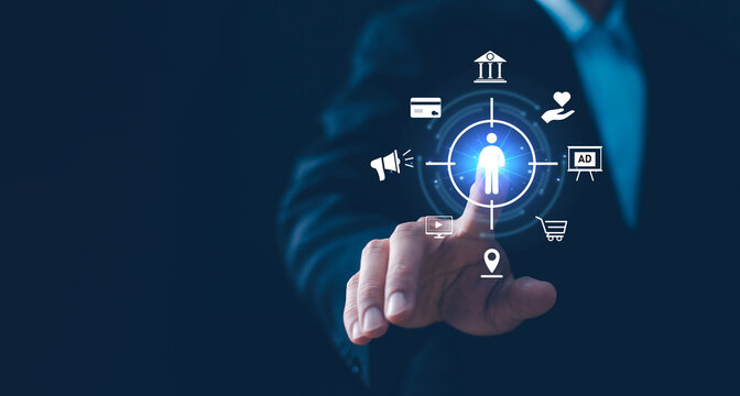 Target customer, buyer persona, customer behavior concept. Marketing plan and strategies. Personalization marketing, customer centric strategies. Businessman showing on screen to target customer.