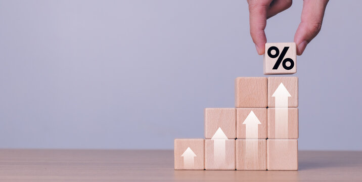 Interest rate chart, interest rate finance and mortgage rates concept, high percentage symbol and up arrow, Interest rates continue to increase, investment growth percentage and interest on deposits
