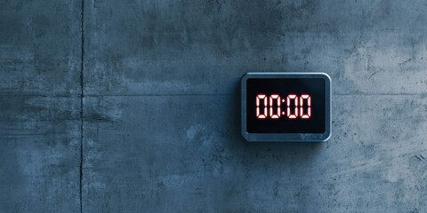 digital clock displaying zero time is mounted concrete wall, creating modern and minimalist aesthetic. stark contrast between bright red digits and gray surface evokes sense of simplicity