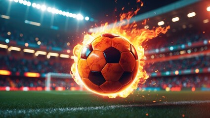 Luminous soccer ball departs the stadium in a fiery display
