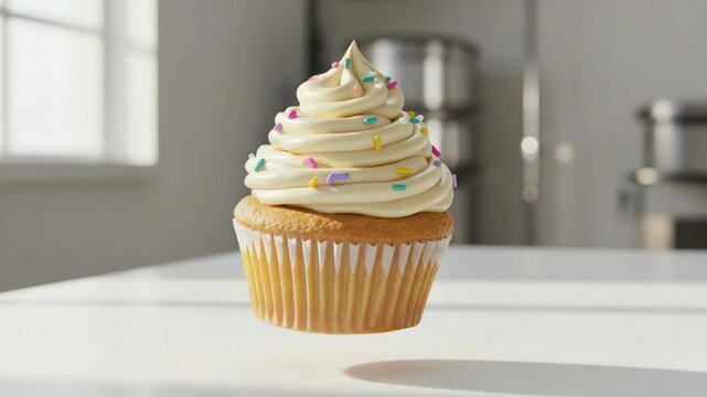 Vanilla cupcake with colorful sprinkles, levitation photography