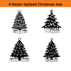 Christmas Tree Illustration,Minimalist Black and White Christmas Tree Icon
