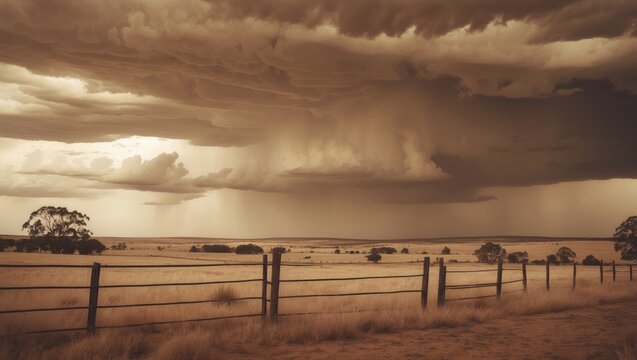 Rural farming scene in the Australian outback showing dry land, storm clouds, wide open farmland and meadows, with copy space and blurred background.