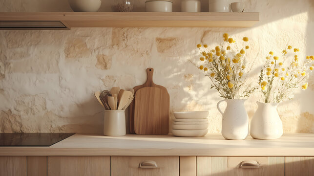 Bright Scandinavian farmhouse kitchen with pale wood cabinets, ceramic vases, and sandstone-inspired backsplash