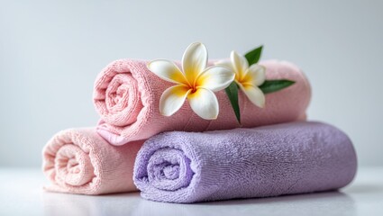 Freshly folded cotton towels with a flower on a white background