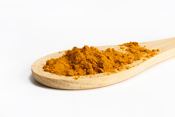 Turmeric powder in a wooden spoon on a white background. Isolated