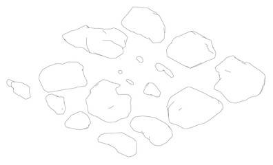A white background with a black and white image of rocks. The rocks are scattered all over the image, with some overlapping each other. The image has a somewhat chaotic and disorganized appearance