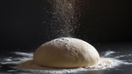 Flour being sprinkled on freshly made homemade dough against a black background.