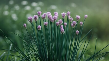 Beautiful chive flowers blooming in the garden background, showcasing green and vibrant food herbs