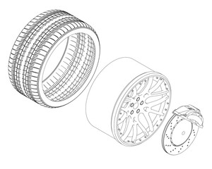A tire is shown with a rim and a brake. The tire is black and the rim is silver. The brake is shown as a small part of the tire. Isometric view
