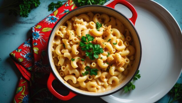 Classic mac and cheese served in a red pot from a top view