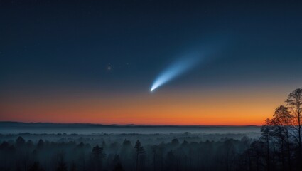 Beautiful Comet Neowise with starry tail beyond the horizon at sunset