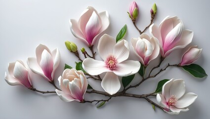 Magnolia blooming flower collection on white background