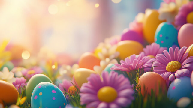 Brightly colored Easter eggs are nestled among vibrant flowers, creating cheerful and festive atmosphere. scene captures essence of spring with its lively colors and joyful expression