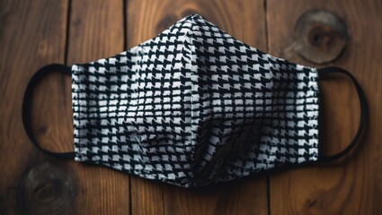 Stylish fabric mask with checkered design for autumn winter fashion on wood backdrop