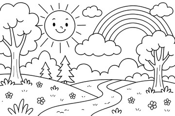 Black and White Line Art Illustration of a Sunny Landscape with Rainbow