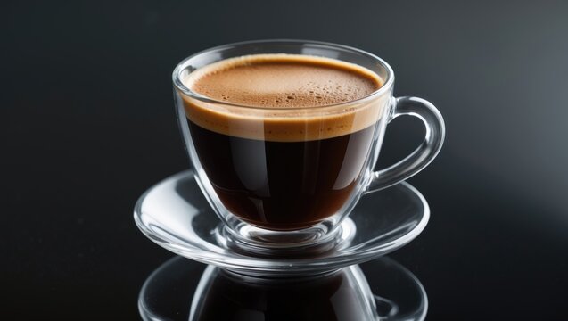 Transparent cup with coffee espresso doppio or lungo on dark background