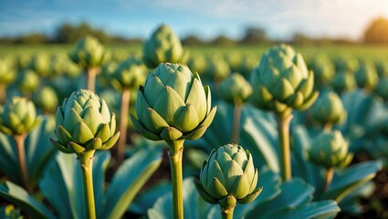 Obraz premium Mature globe artichokes cultivated in the field for harvest