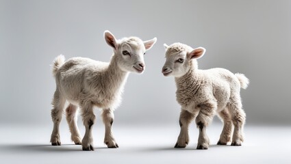 Fototapeta premium Young goat and lamb together on white background