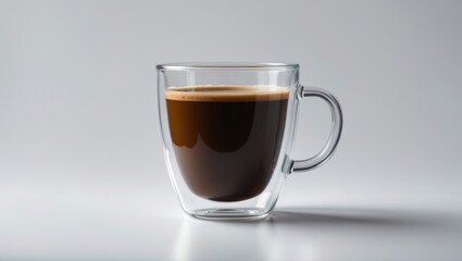Black coffee in a clear glass mug on white background