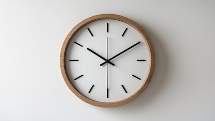 Simple wooden wall clock in minimalist style on white backdrop