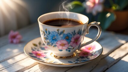 Fototapeta premium A charming cup filled with rich coffee and decorated with vibrant flowers, basking in soft sunlight in a cozy nook.