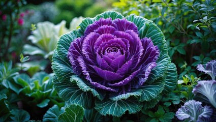 Close-up of flowering decorative cabbage plant with vibrant natural background