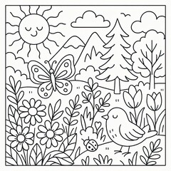 Cheerful Spring Nature Illustration with Bird and Butterfly