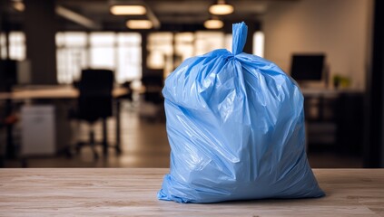 Blue Plastic Trash Bag Sits on Wooden Table in Office Setting, Representing Waste Disposal and Office Cleaning
