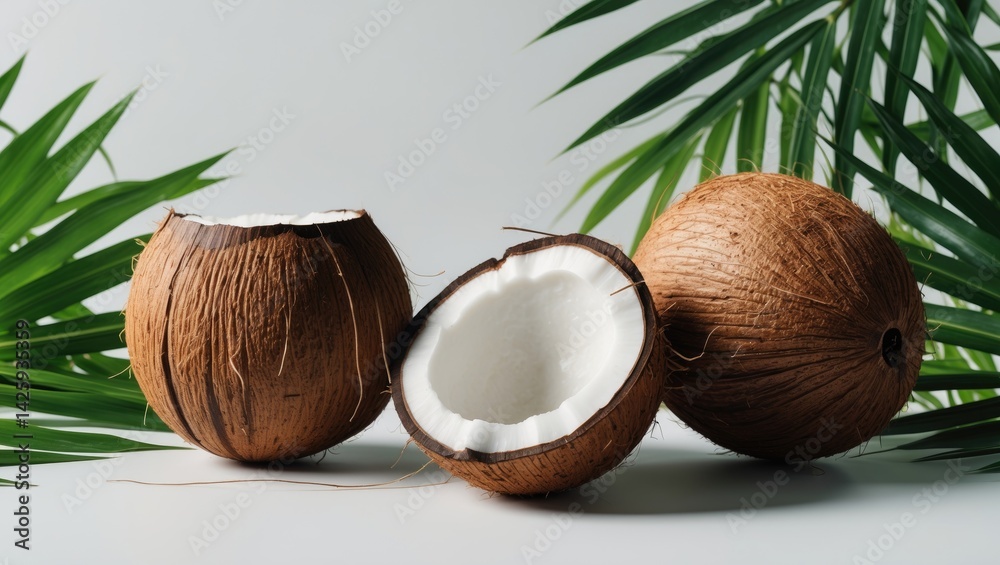 Poster coconut with leaves isolated on a plain background