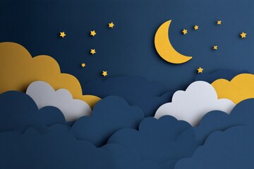 Night Sky: Clouds, Moon, and Stars Paper Art Design, Relaxing Night Scene with Yellow and Blue Hues