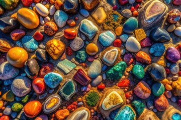 Aerial View Kaleidoscope Stones, Colorful Gemstones, Drone Photography, Abstract Rock Formations, Natural Stone Patterns, High-Resolution Image