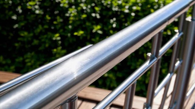 Stainless steel railing shines in sunlight surrounded by lush greenery near a wooden deck