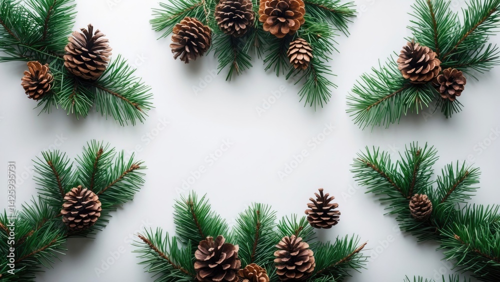 Poster cones and pine branches on a white background with space for text, top view flat lay christmas decor