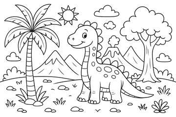 Fototapeta premium Cute Cartoon Dinosaur in Tropical Landscape Coloring Page