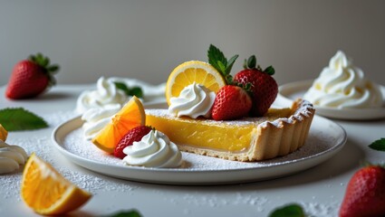 Strawberry and whipped cream-topped lemon tart for a delightful dessert