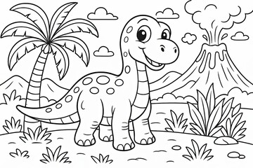 Obraz premium Cute Cartoon Dinosaur Near Volcano and Palm Tree