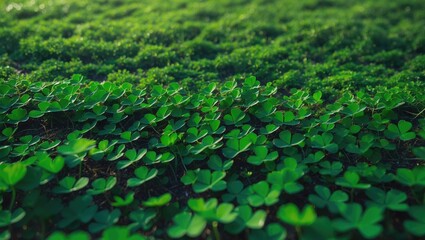 Detailed closeup of trifolium clover leaves creating a lush green ground cover with sharp focus on the foreground.