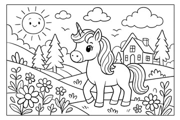 Cute Unicorn in a Flowery Meadow Coloring Page