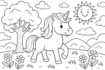Cute Unicorn in a Sunny Meadow Line Art Illustration