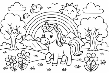 Cute Unicorn in a Rainbow Landscape
