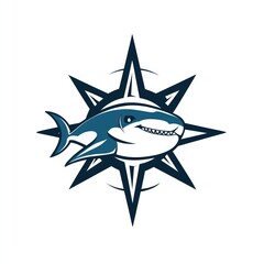 Smiling shark compass ocean logo design