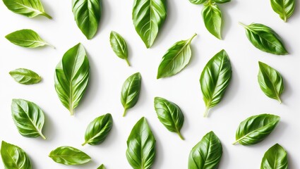 Naklejka premium Assortment of fresh basil herb sprigs on white background