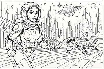Female Astronaut Running Towards Spaceship in Futuristic Cityscape