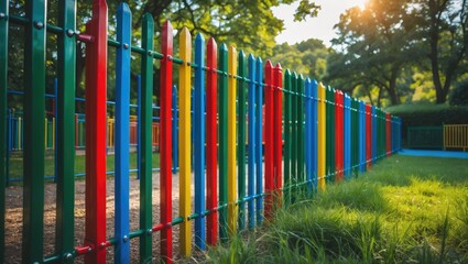 Obraz premium Colorful barrier at a kids' play area featuring mixed plastic and metal toys under sunny weather