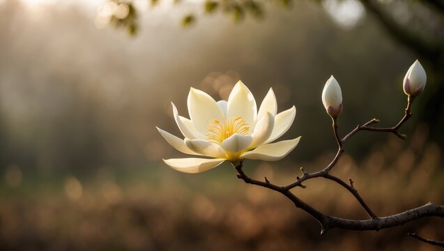 Magnolia with Lotus Flowers: Stunning Bloom and Buds in Rural Setting, Close-up