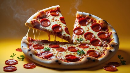 Vibrant pizza poster featuring flying ingredients and Italian culture