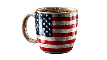 USA flag printed on a ceramic coffee mug, isolated on white background with soft shadow, photorealistic style